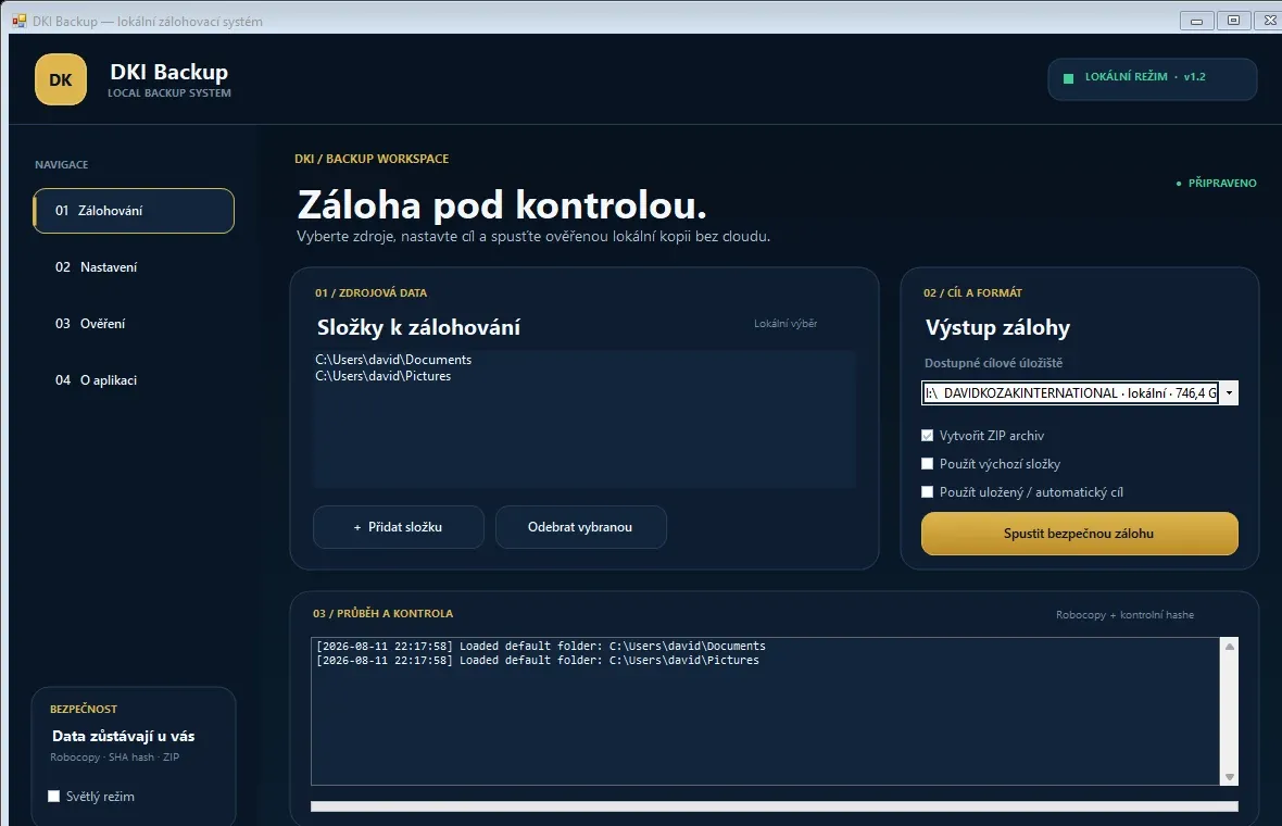 Rozhraní aplikace DKI Backup